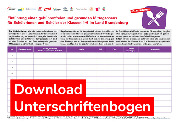 Abbildung einer Unterschriftliste mit Text drauf: Download Unterschriftenbogen